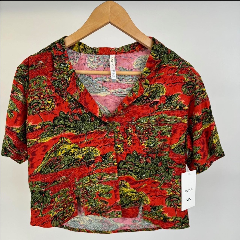 RVCA Women's Vibrant Red and Green Button Down Shirt